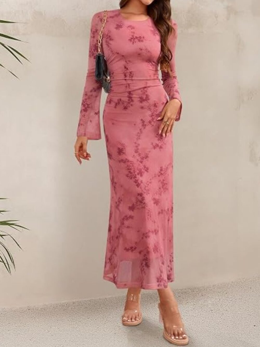 Womens Long Sleeve Floral Fall Bodycon Ruched Mesh Maxi Formal Dress